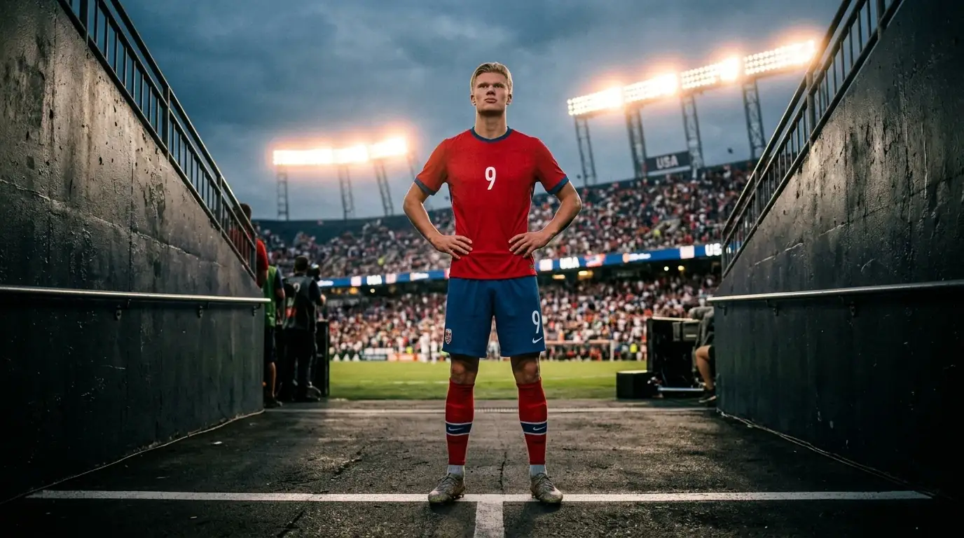 Erling Haaland i norsk landslagsdrakt foran MetLife Stadium før åttedelsfinalen mot Brasil