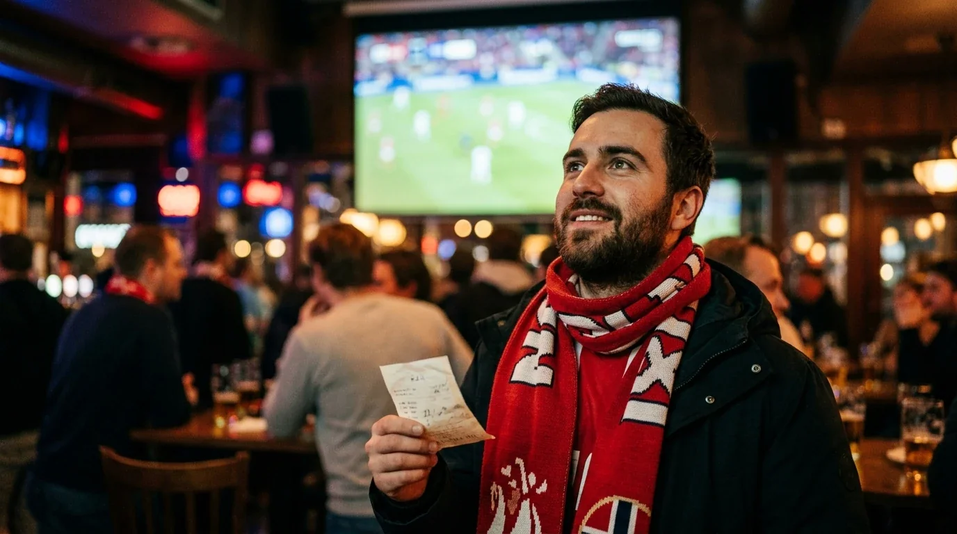 En norsk supporter med langskudd-kupong foran en storskjerm under VM 2026