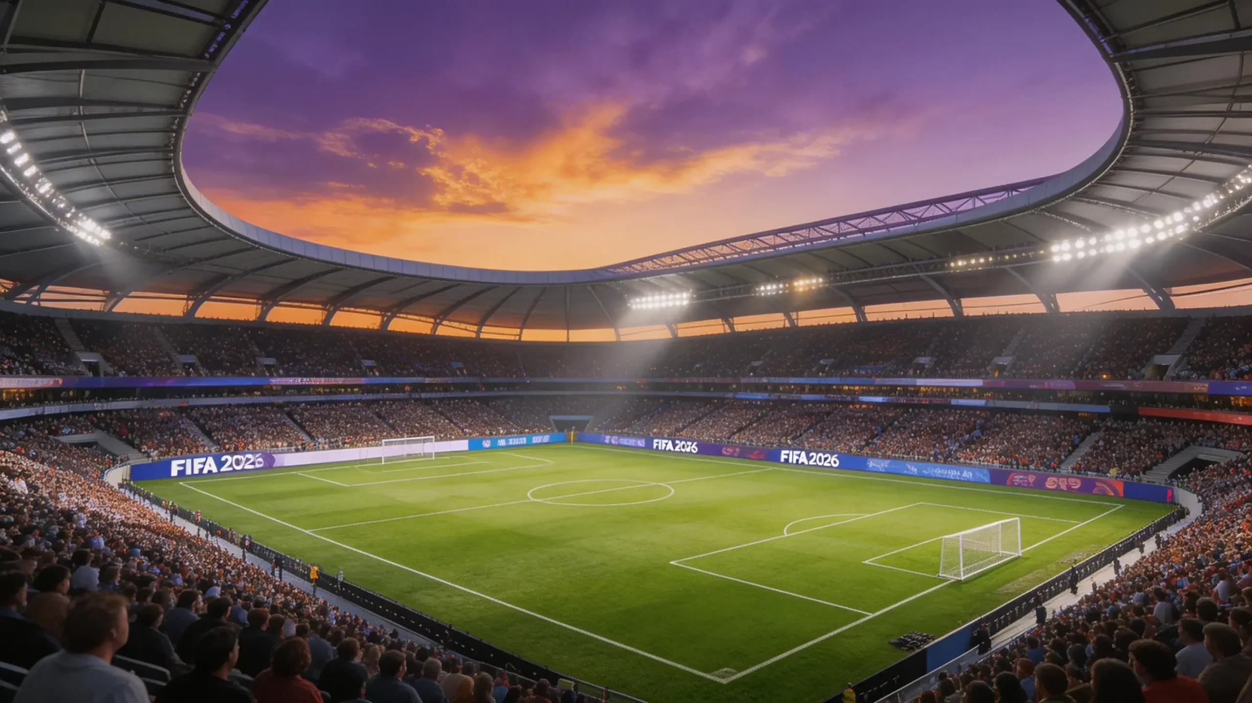Moderne fotballstadion under VM 2026 med tribuner fylt av tilskuere i kveldslys