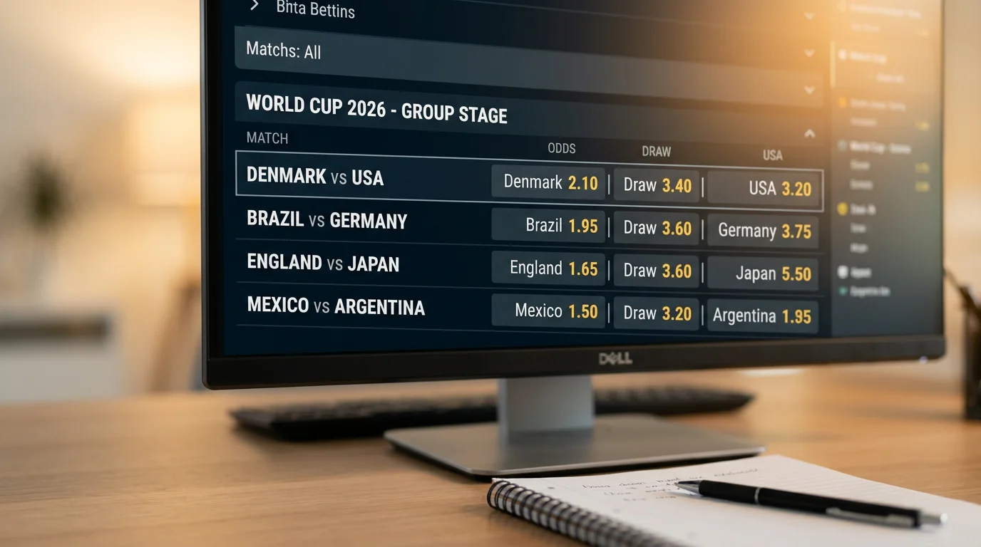 Skjerm med VM 2026-odds og desimaltall som viser oddsprising på fotballkamper