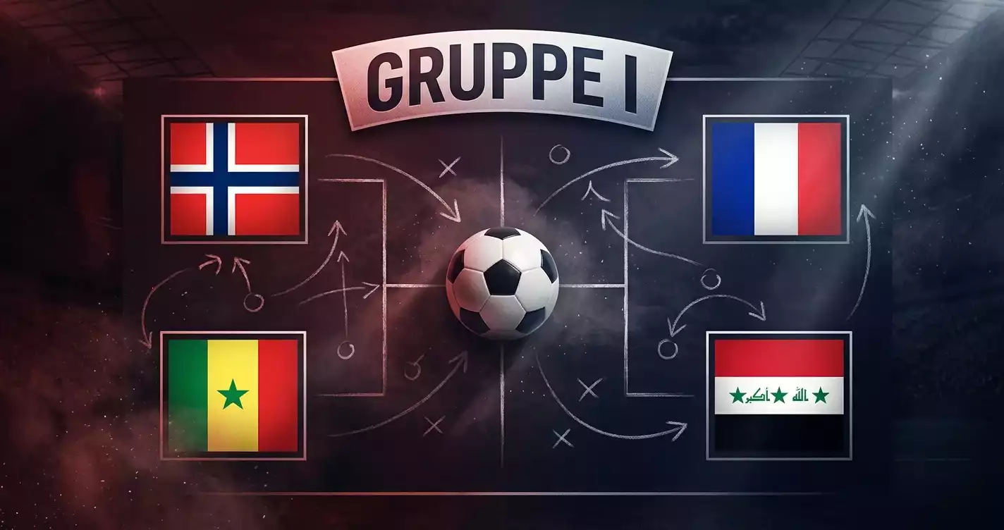 Gruppe I-tabell med flagg fra Norge, Frankrike, Senegal og Irak før de avgjørende kampene