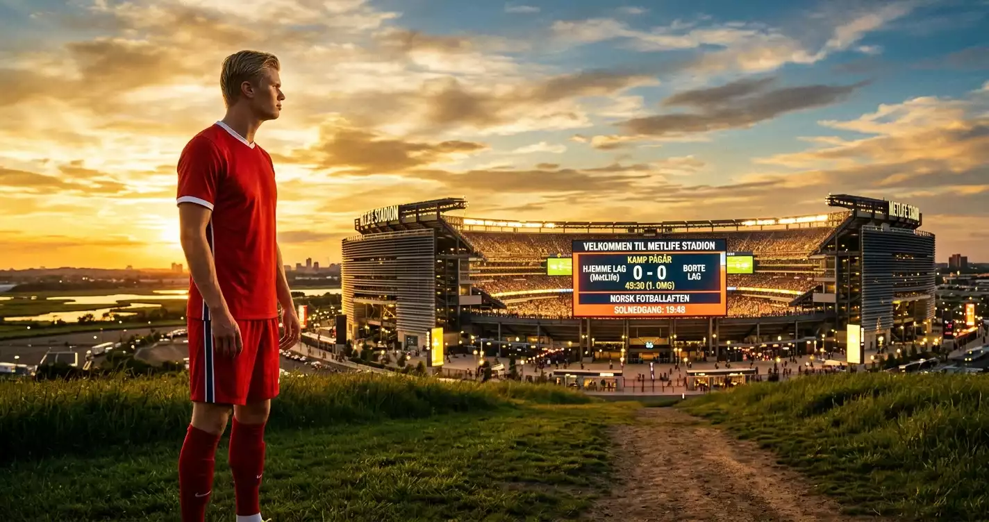 Erling Haaland i drakt foran MetLife Stadium, klar til Norge-Senegal