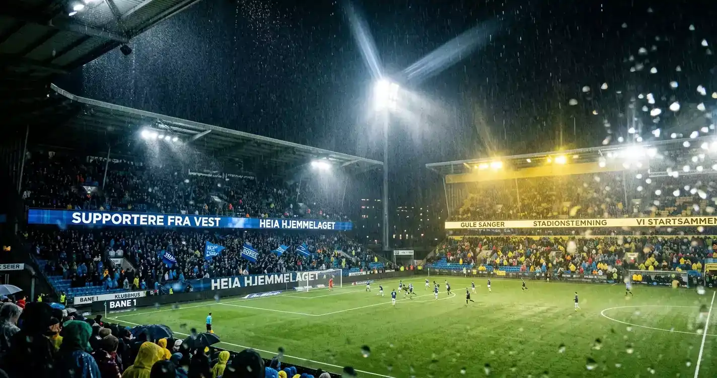 Mørklagt stadion med Brasil-gul og skotsk-blå tribunelys, kraftig regn på pitch foran kameraet
