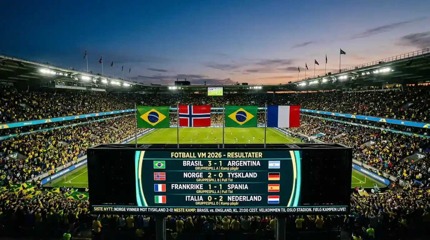 Stadionscene fra VM 2026 med fire flagg og resultatstavle