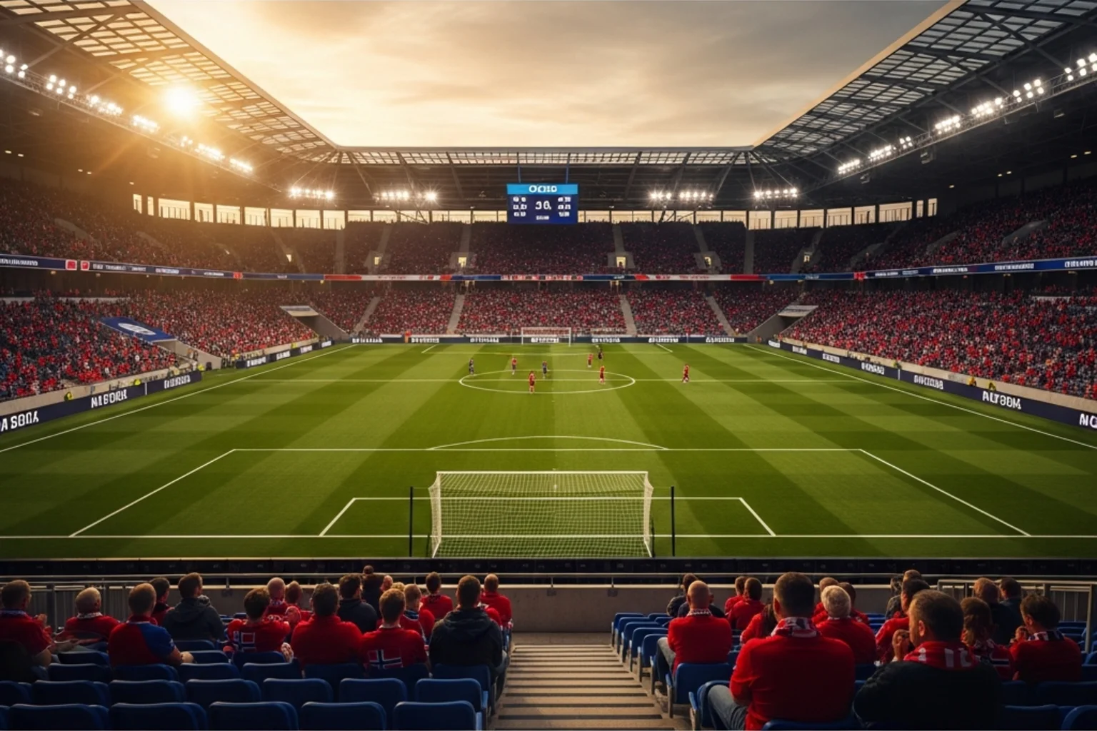 Fotballstadion med norske supportere under VM 2026 kamp