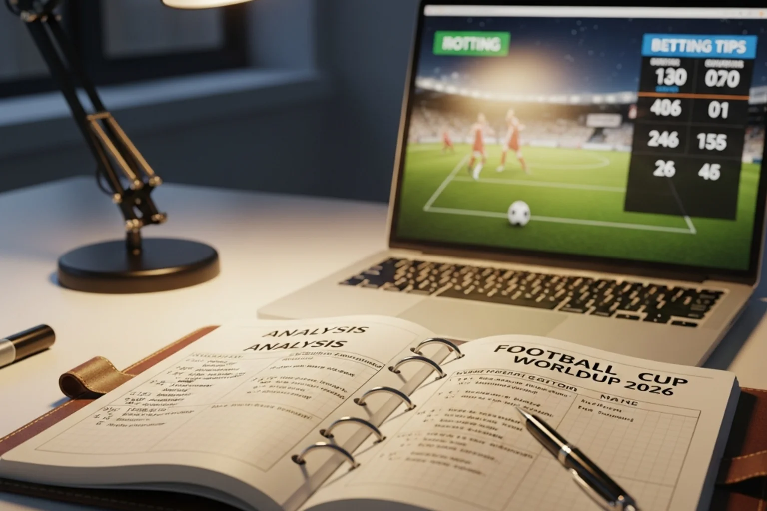 Notatblokk med VM 2026-analyser, odds og ekspertvurderinger på fotballkamper