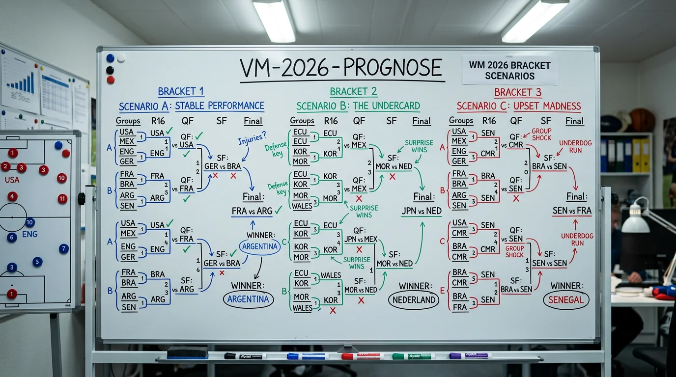 Tavle med tre scenarioer for VM 2026-vinner og turneringsanalyse