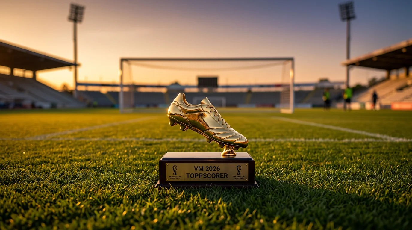 Gullstøvel på fotballbane som symboliserer VM 2026 toppscorer-kamp
