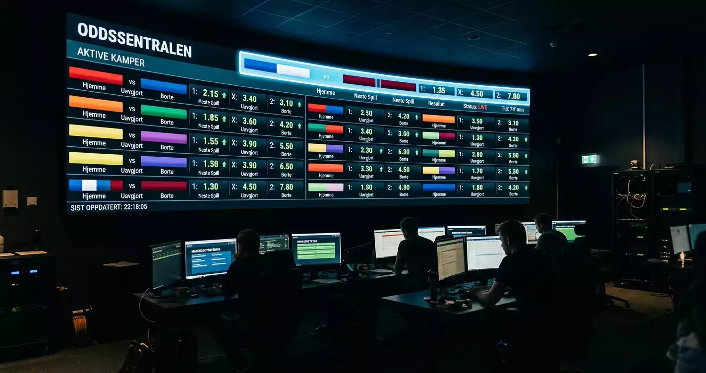Et stort odds-board i mørkt rom med lysende tall i blått og rødt, der enkelte oppføringer er fremhevet med små piler oppover