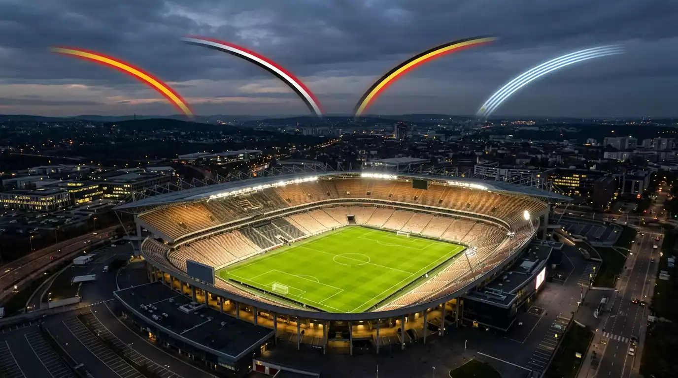 Stor stadionoversikt med fire kampsymbolske ikoner — Spania, Egypt, Belgia, Uruguay — i kveldslys