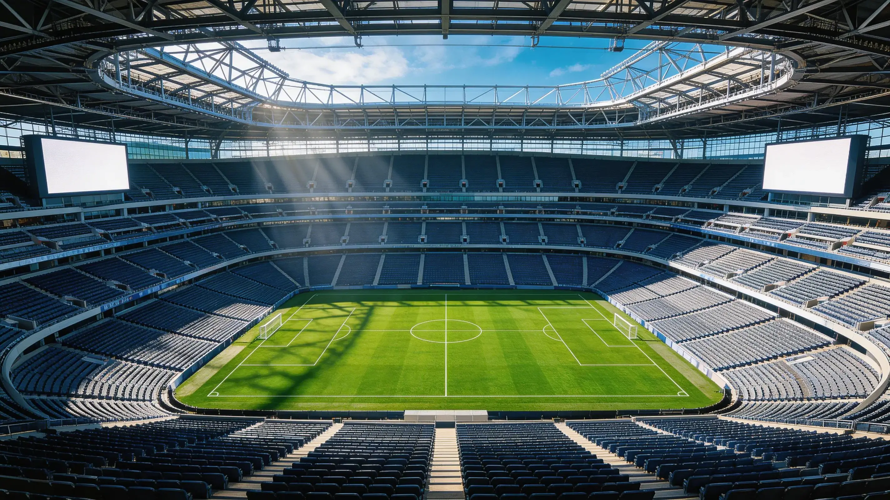 Stort moderne fotballstadion i USA med takluke åpen og perfekt grønt gress